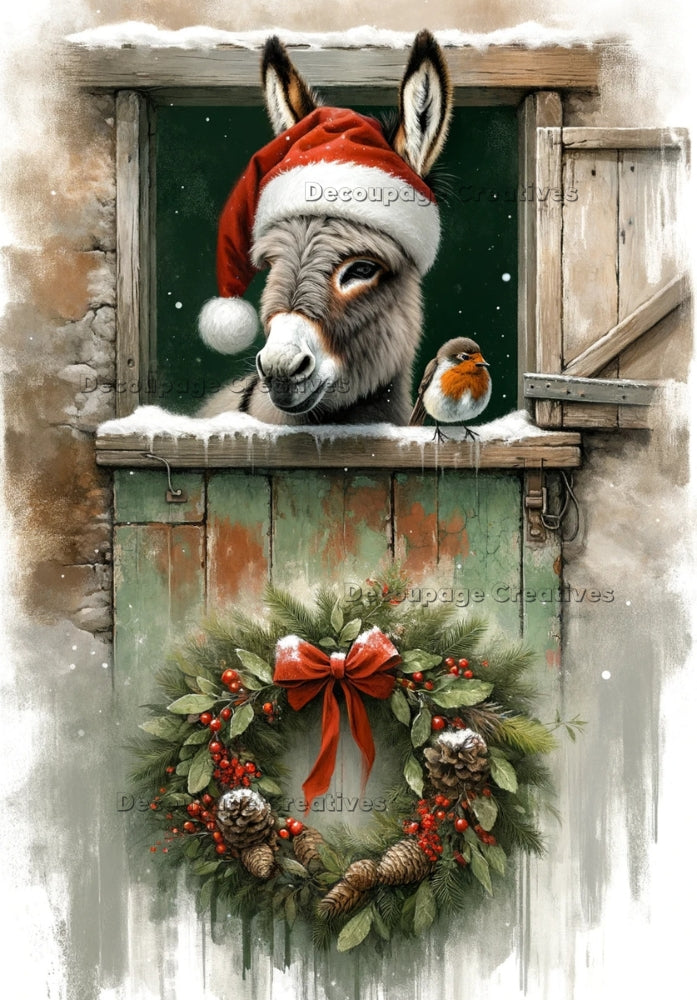 Mule in red Santa hat in stable door. Christmas wreath and Robin bird. Decoupage Paper Designs A4 rice paper.