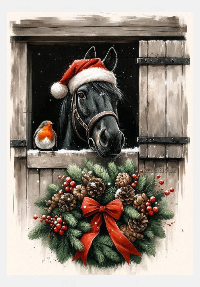 Black horse in red Santa hat in stable door. Christmas wreath and Robin bird. Decoupage Paper Designs A4 rice paper.