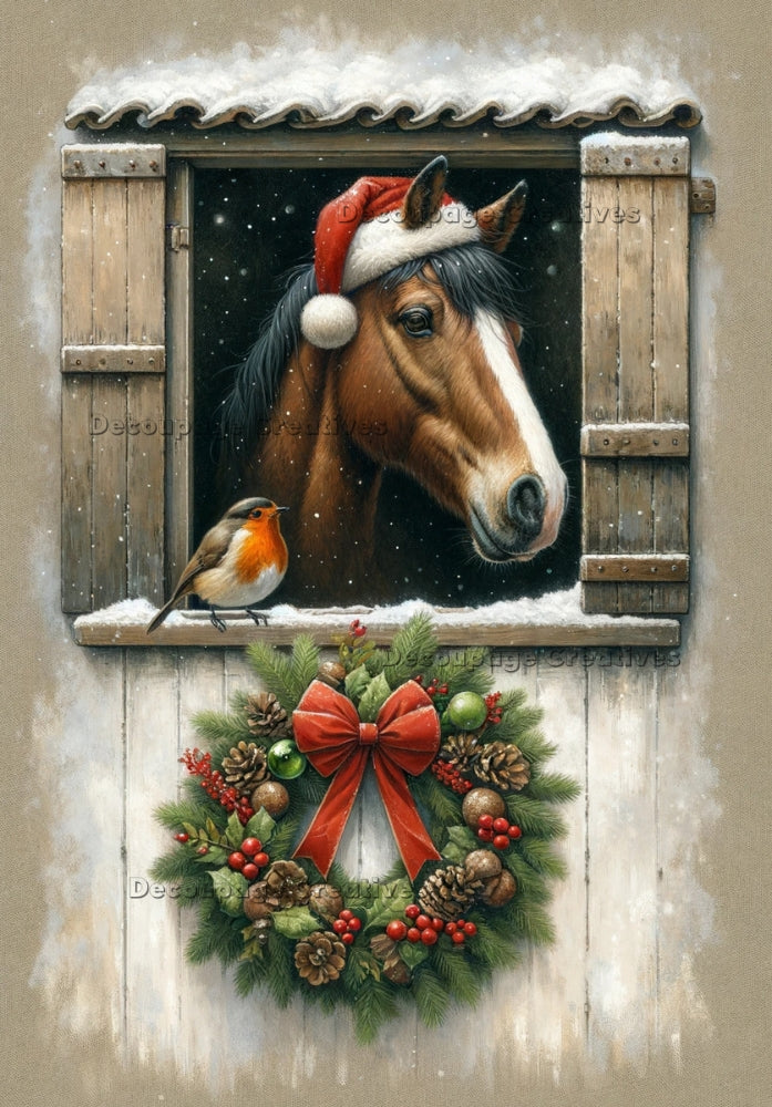 Brown horse in red Santa hat in stable door. Christmas wreath and Robin bird. Decoupage Paper Designs A4 rice paper.