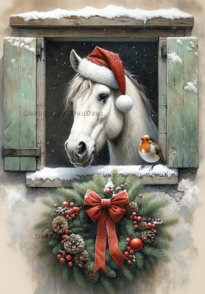 White horse in red Santa hat in stable door. Christmas wreath and Robin bird. Decoupage Paper Designs A4 rice paper.