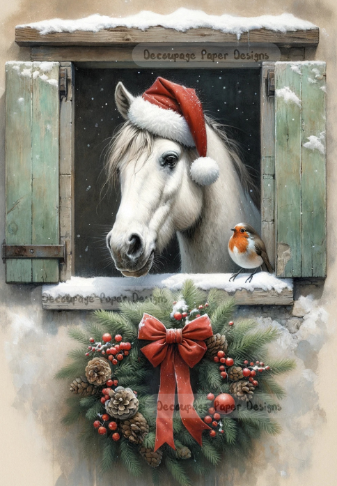 White horse in red Santa hat in stable door. Christmas wreath and Robin bird. Decoupage Paper Designs A4 rice paper.