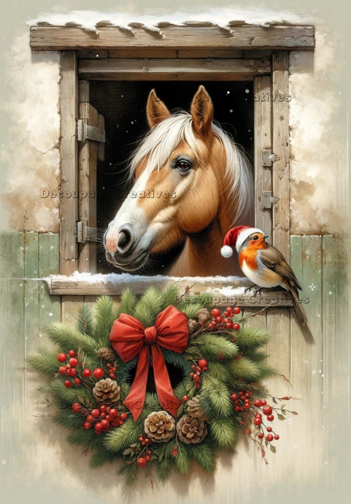 Blonde Palamino horse in red Santa hat in stable door. Christmas wreath and Robin bird. Decoupage Paper Designs A4 rice paper.