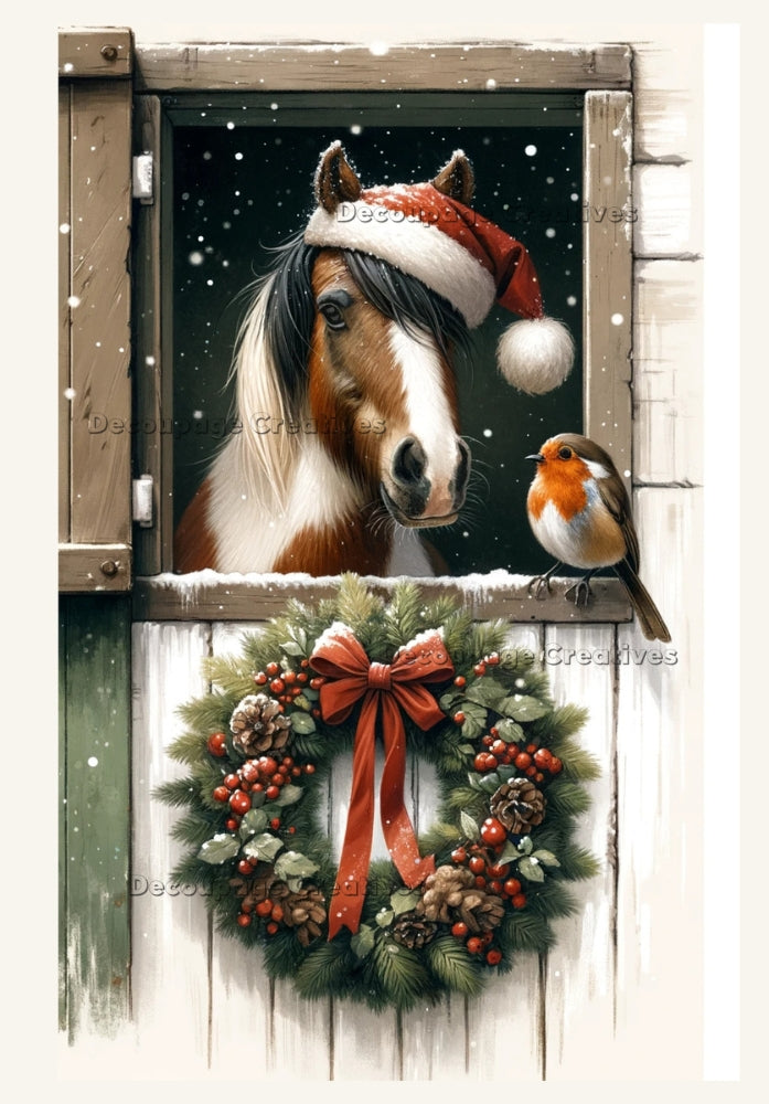 Brown & white horse in red Santa hat in stable door. Christmas wreath and Robin bird. Decoupage Paper Designs A4 rice paper.