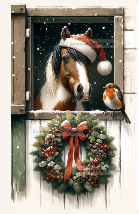 Brown & white horse in red Santa hat in stable door. Christmas wreath and Robin bird. Decoupage Paper Designs A4 rice paper.