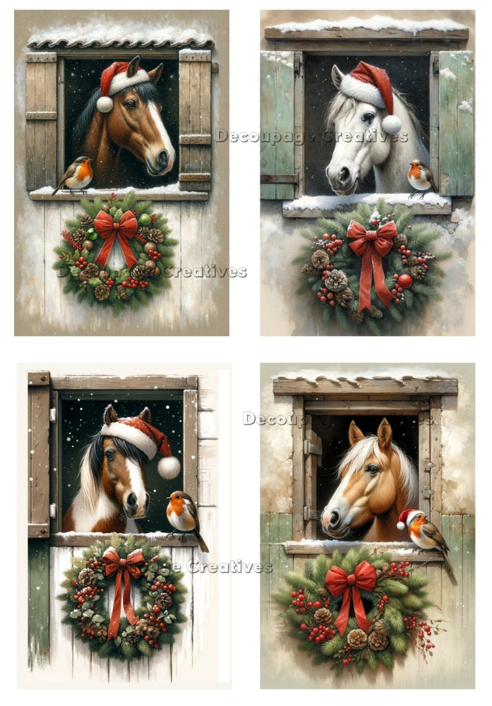 Four horses in red Santa hat in stable door. Christmas wreath and Robin bird. Decoupage Paper Designs A4 rice paper.
