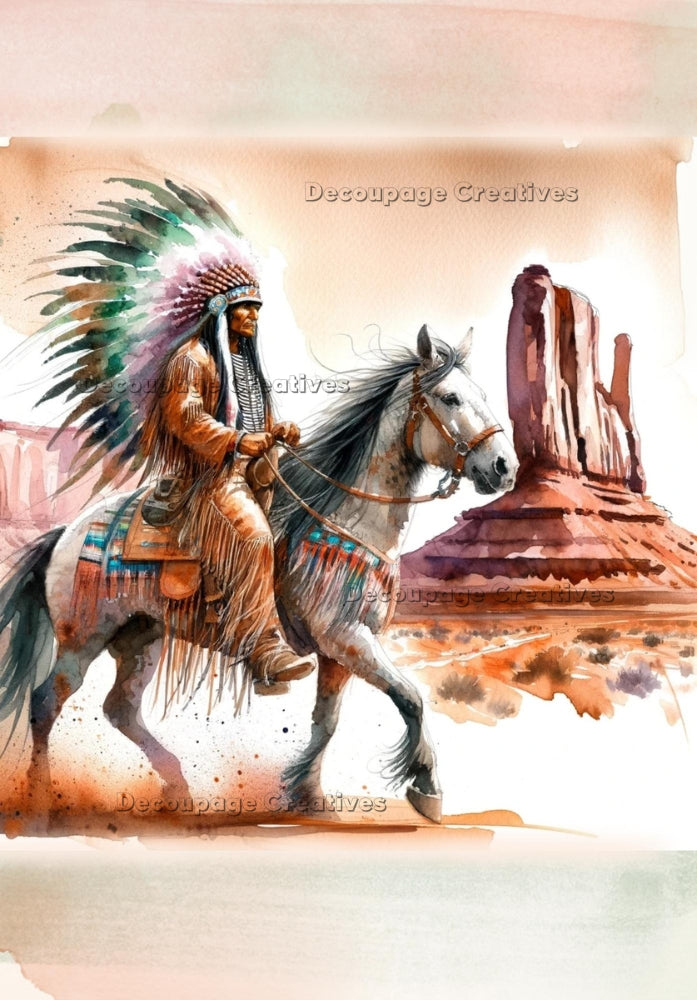 Pastel sketch of indian chief with headdress on horse in Southwest. Decoupage Paper Designs A4 rice paper.