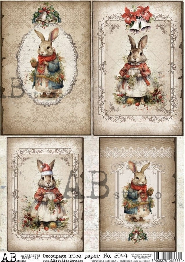 vintage bunnies dressed in Christmas clothes AB Studio Rice Papers