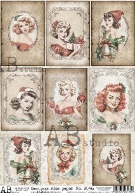 Vintage women dressed in Christmas dresses portraits AB Studio Rice Papers