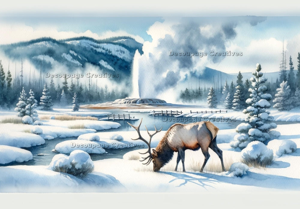 Elk by blue stream in Yellowstone with snowy mountains. Decoupage Paper Designs A4 rice paper.