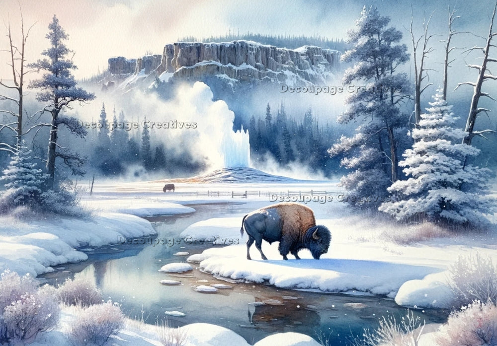 Buffalo by blue stream in Yellowstone with snowy mountains. Decoupage Paper Designs A4 rice paper.
