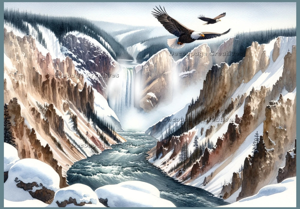 Yellowstone falls and eagle. Decoupage Paper Designs A4 rice paper.