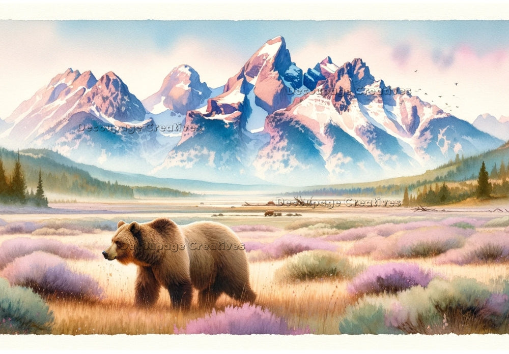 Pastel fields with grizzly in mountain valley. Decoupage Paper Designs A4 rice paper.