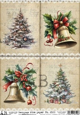 Cnristmas trees and bells with red ribbons AB Studio Rice Papers