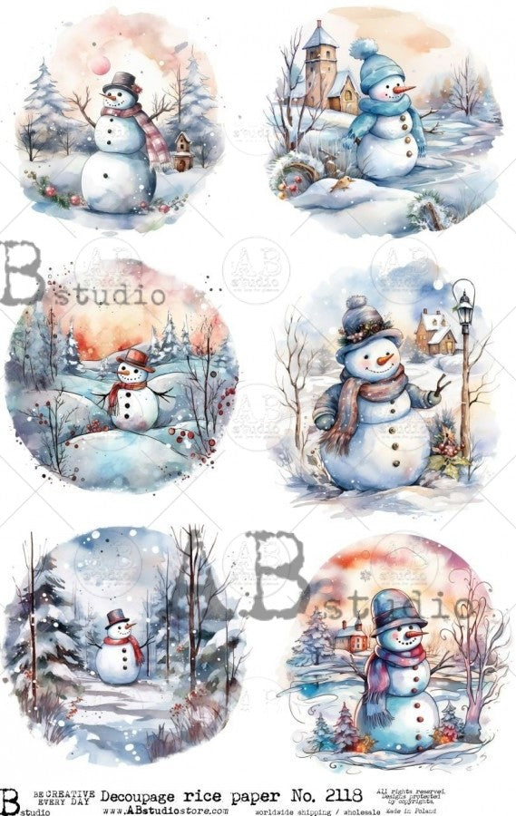 snowman in snow in vintage clothing AB Studio Rice Papers