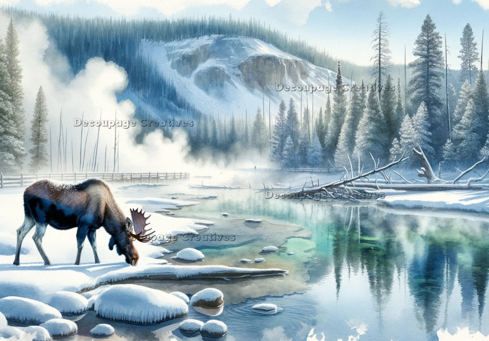 Moose by snowy stream in mountains. Decoupage Paper Designs A4 rice paper.