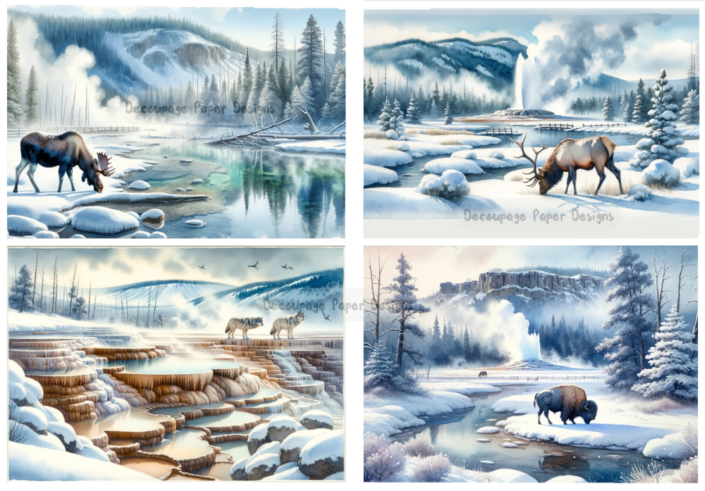 Four scenes of Yellowstone wildlife by snowy stream. Decoupage Paper Designs A4 rice paper.