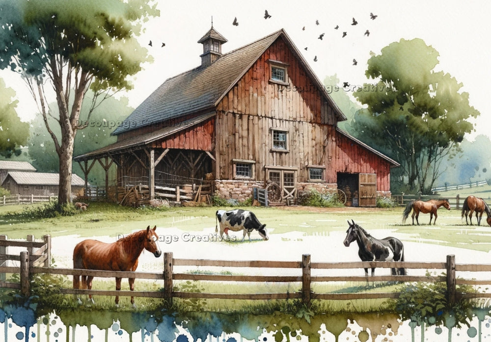Vintage red and brown barn with farm animals in pasture. Decoupage Paper Designs A4 rice paper.