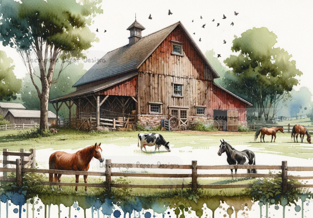Vintage red and brown barn with farm animals in pasture. Decoupage Paper Designs A4 rice paper.