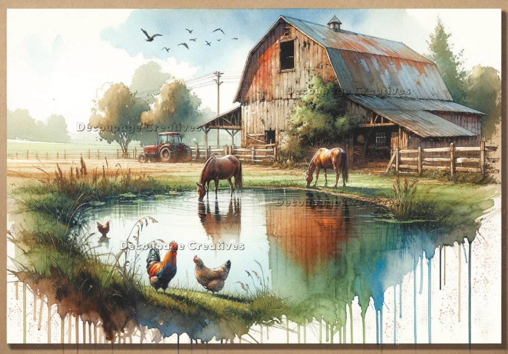 Vintage farm with tractor and horses and rooster by pond. Decoupage Paper Designs A4 rice paper.