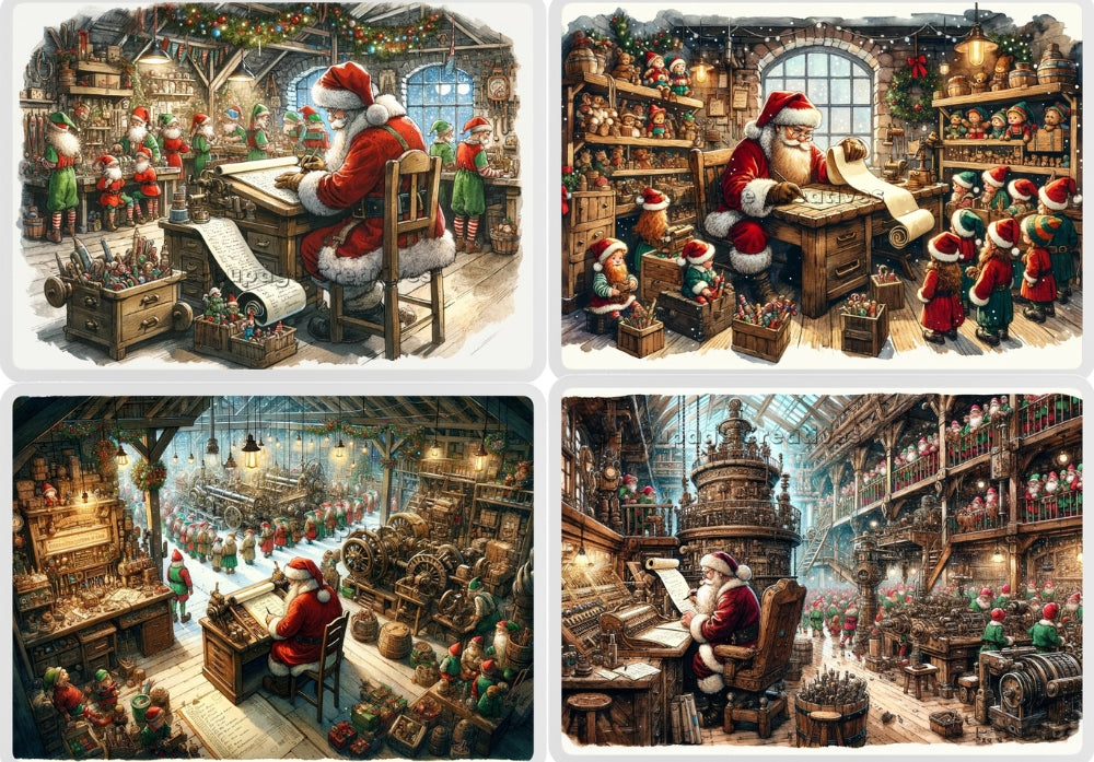 Four images of Santa and elves in Steampunk themed workshop. Decoupage Paper Designs A4 rice paper.