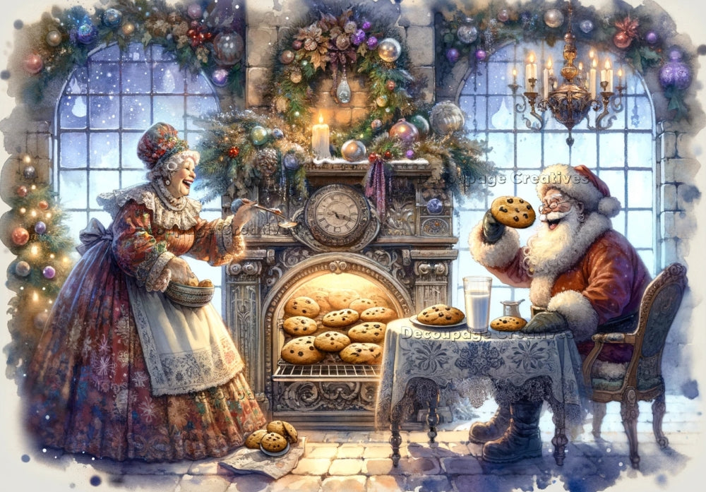 Santa and Mrs. Claus in Christmas kitchen baking cookies. Decoupage Paper Designs A4 rice paper.
