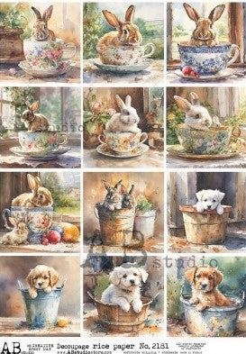 bunnies and puppies in tea cups AB Studio Rice Papers