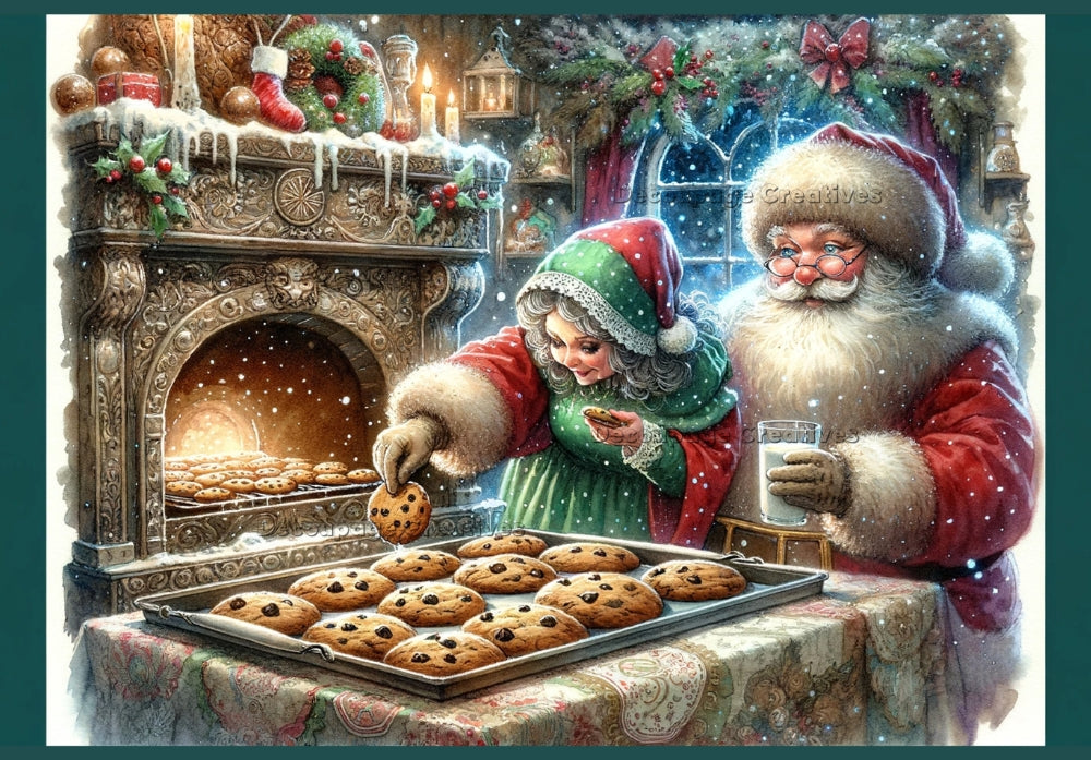 Christmas scene of Santa and Ms. Claus baking cookies. Decoupage Paper Designs A4 rice paper.