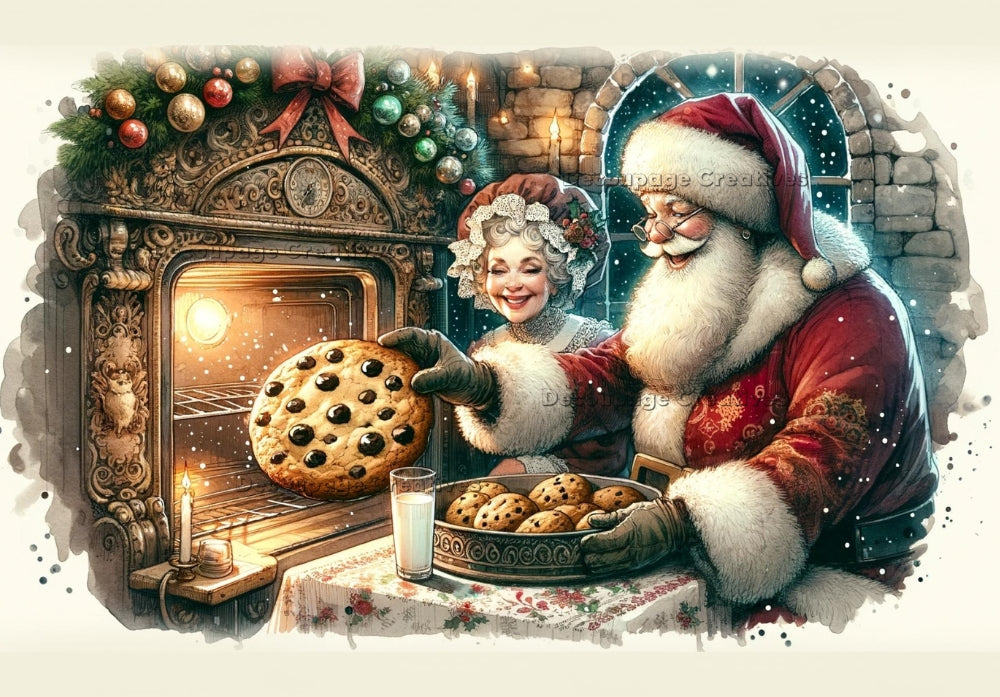 Santa and Mrs Claus baking cookies by the oven. A4 Decoupage Paper.