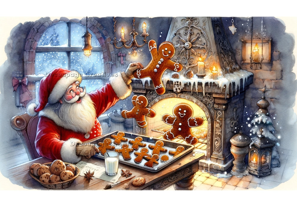 Santa baking gingerbread cookies by the fire. Decoupage Paper Designs A4 rice paper.