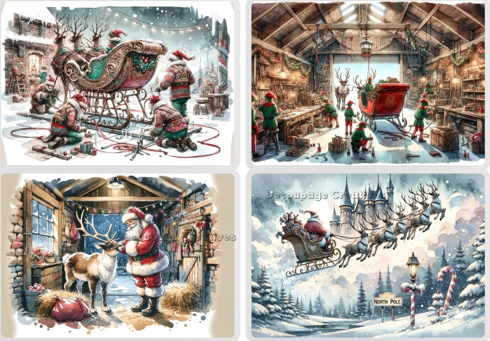 Four North pole Santa and sleigh scenes. Decoupage Paper Designs A4 rice paper.