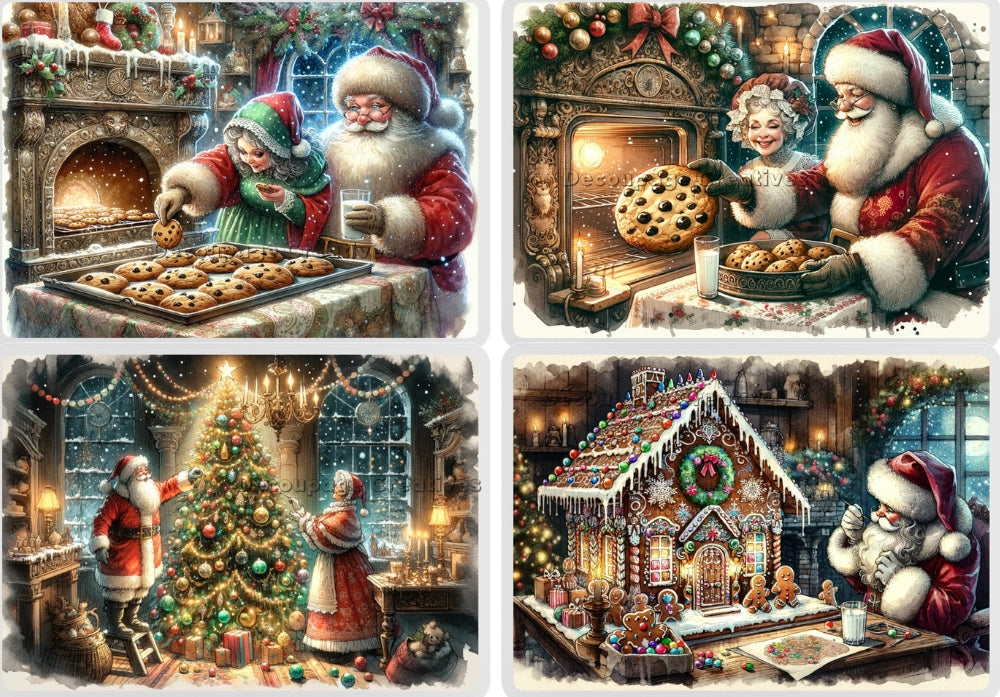 Four scenes of Santa with cookies and Mrs. Claus. Decoupage Paper Designs A4 rice paper.