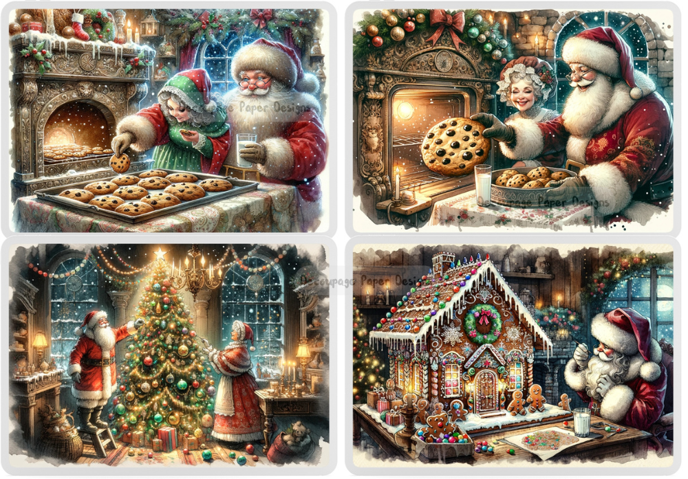 Four scenes of Santa with cookies and Mrs. Claus. Decoupage Paper Designs A4 rice paper.