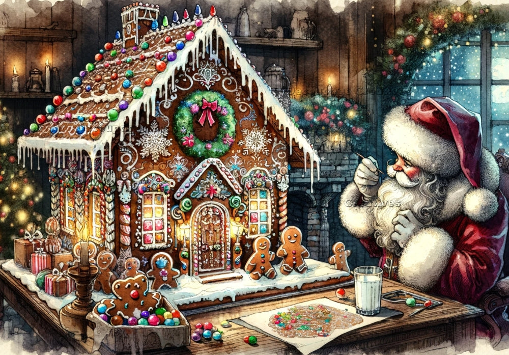 Christmas scene of Santa decorating a gingerbread house. Decoupage Paper Designs A4 rice paper.