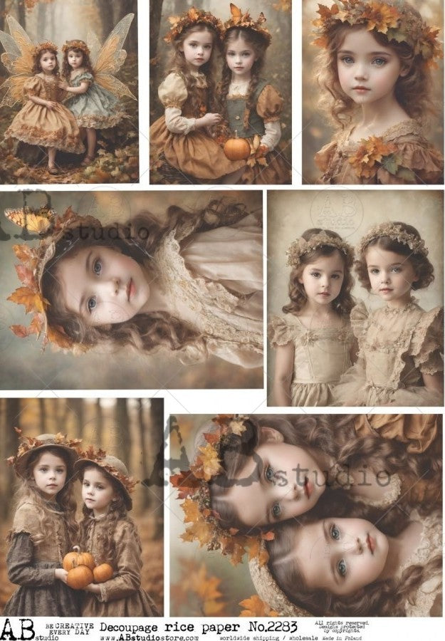 young girls in vintage clothing in fall leaves and orange pumpkins AB Studio Rice Papers