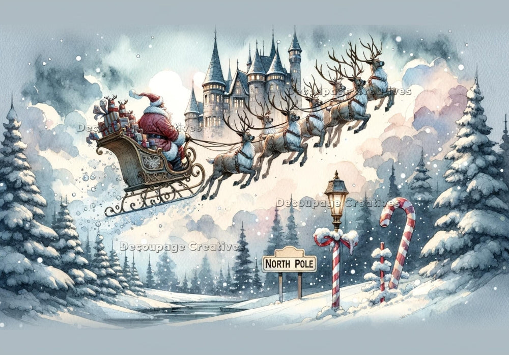Santa taking off with his sleigh of reindeer in snowy North Pole. Decoupage Paper Designs A4 rice paper.
