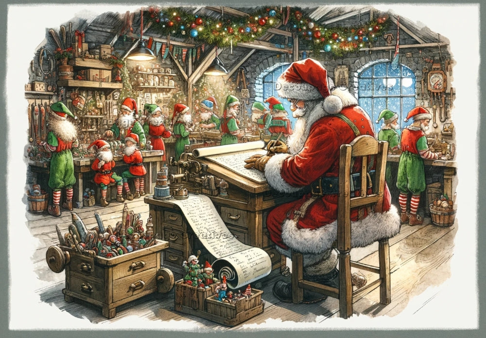 Santa at desk checking list and elves making toys. Decoupage Paper Designs A4 rice paper.
