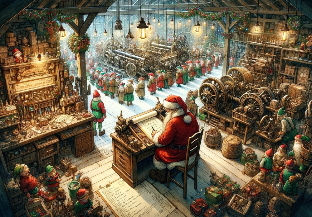 Santa in busy workshop with wooden gears and trains. Elves nearby. Decoupage Paper Designs A4 rice paper.