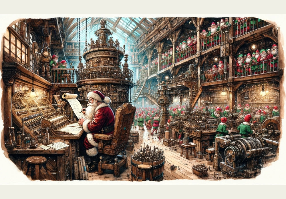 Santa in Steampunk style workshop with elves. Decoupage Paper Designs A4 rice paper.