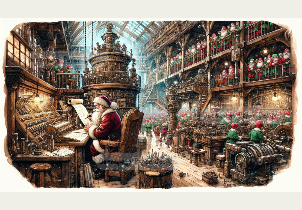 Santa in Steampunk style workshop with elves. Decoupage Paper Designs A4 rice paper.