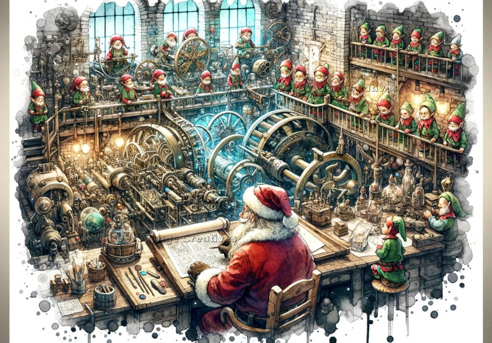 Santa sitting at desk in busy elf workshop with gears and wheels. A4 Decoupage Paper.