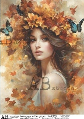 Woman surrounded by colorful fall leaves and blue butterflies AB Studio Rice Papers