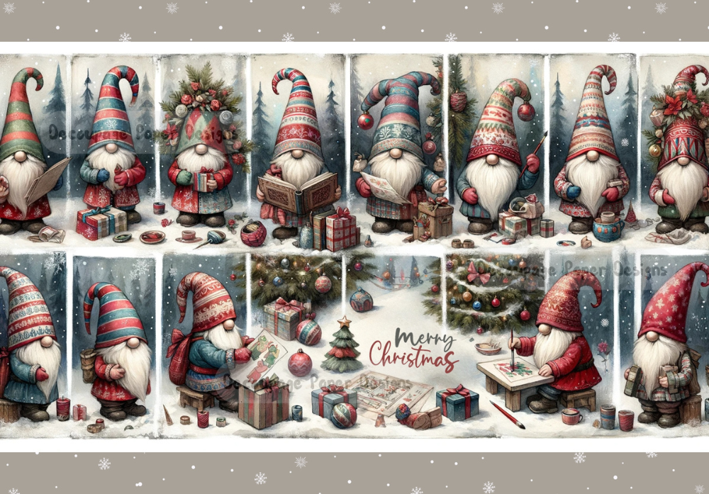 Multiple scenes of gnomes in snowy forest. Decoupage Paper Designs A4 rice paper.