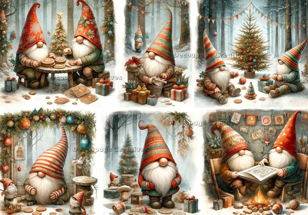 Multiple scenes of gnomes tinkering around in snowy forest. Decoupage Paper Designs A4 rice paper.