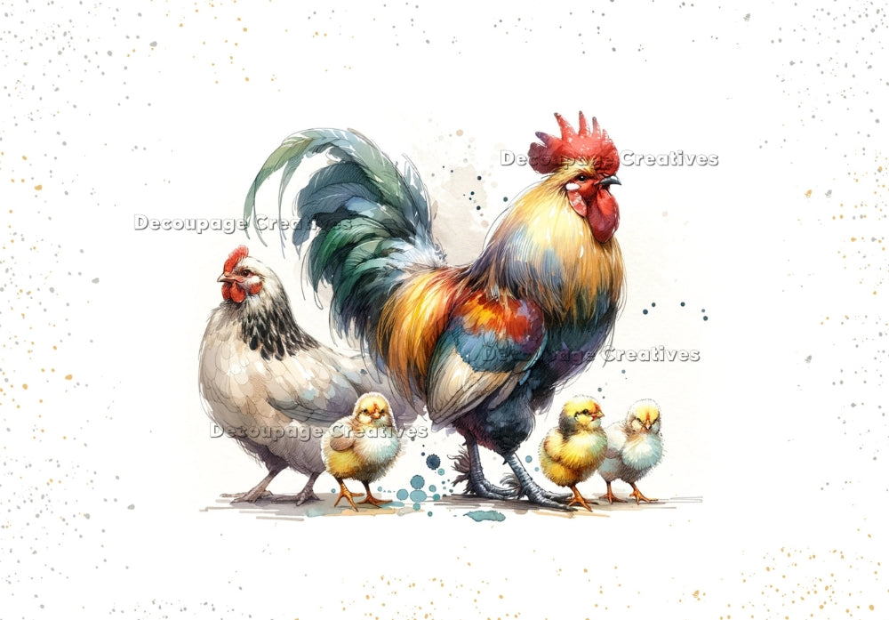 A colorful sketch of rooster, hen and three baby chicks. Decoupage Paper Designs A4 rice paper.