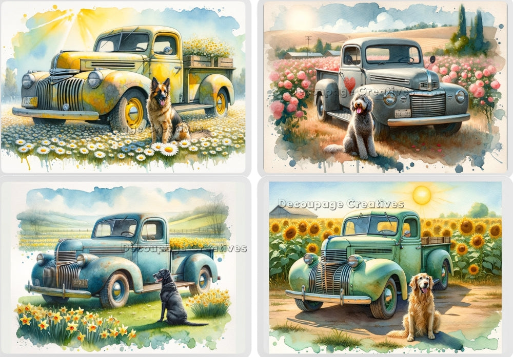 Four scenes of dogs by colorful vintage truck in field of flowers. Decoupage Paper Designs A4 rice paper.
