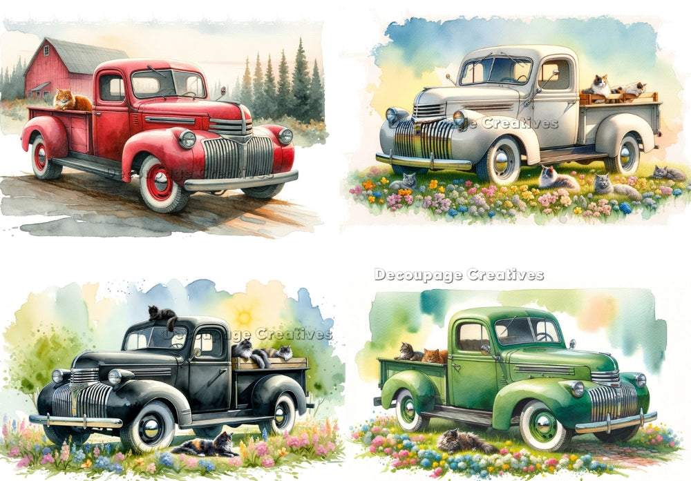 Four scenes of cats in vintage colorful truck in field of flowers. Decoupage Paper Designs A4 rice paper.