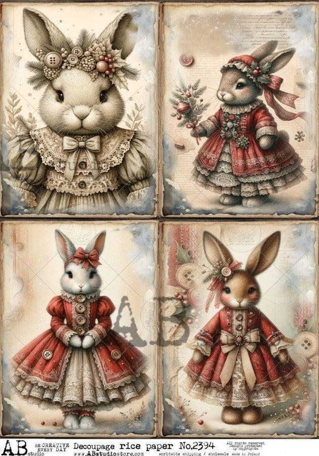 bunnies in vintage Christmas dresses AB Studio Rice Papers 