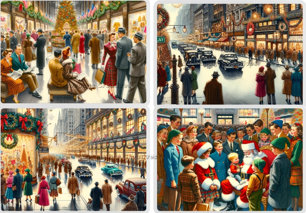 Four scenes of vintage 1950's New York area at Christmas. Decoupage Paper Designs A4 rice paper.