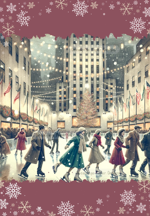 Scene of vintage 1950's ice skaters in the city. Decoupage Paper Designs A4 rice paper.