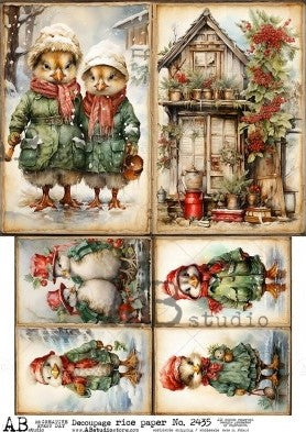 chicks dressed in vintage winter Christmas clothes AB Studio Rice Papers